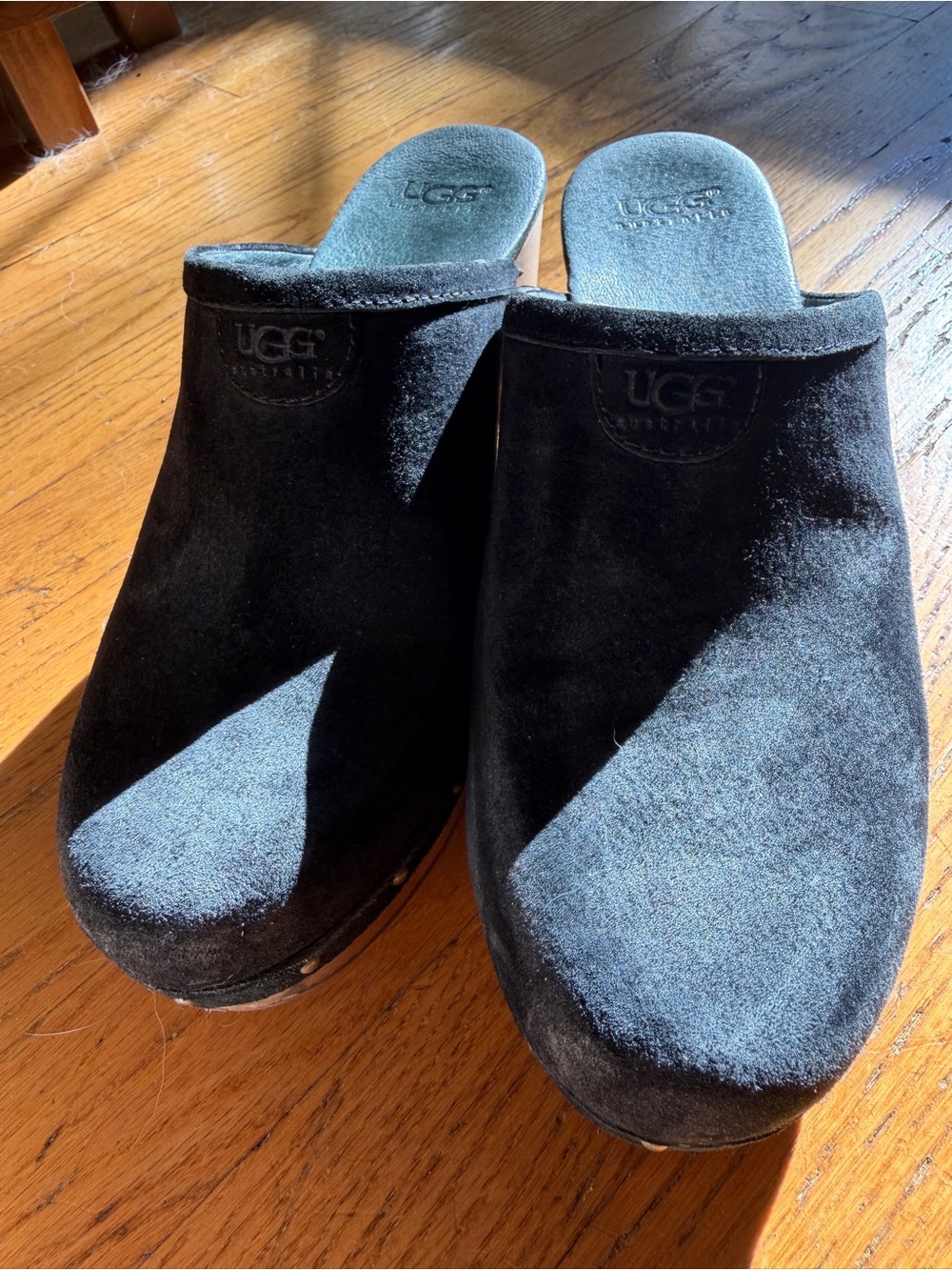 UGG Black Suede Clogs with Wooden Heel and Studs, Fleece Lined - size 10